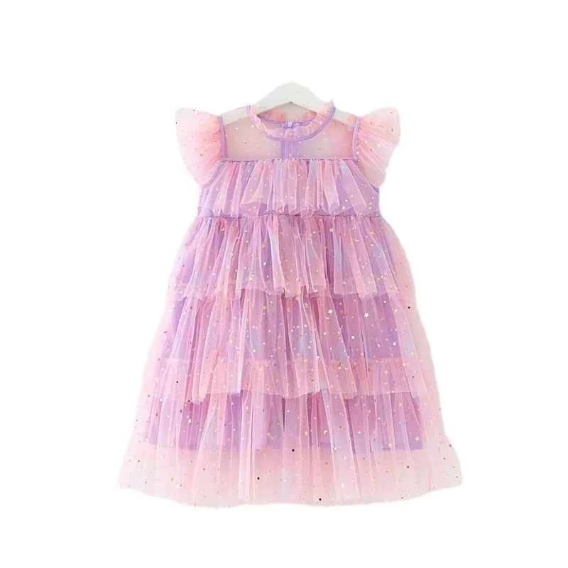 

Cute Girls Fly Sleeve Rainbow Star Sequin Tulle Cake Dresses Super Fairy Princess Dress Kids Mesh Puffy Birthday Party Vestidos