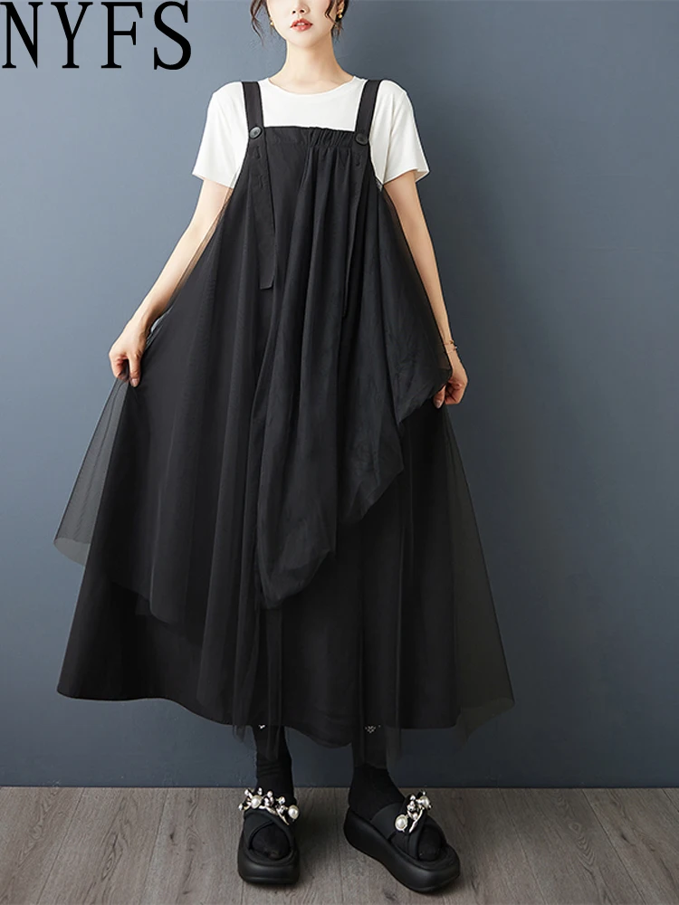 

NYFS 2025 Summer New Korean Style Mesh Patchwork Strap Dresses Elegant Loose Plus Size Sleeveless Long Dress