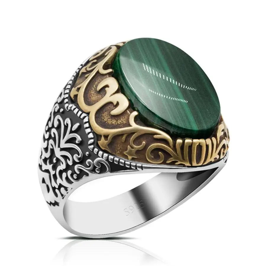 Wholesale 925 Sterling Silver Male Ring Green Malachite Stone Vintage Classic Men Silver Ring 925 Natural Stone