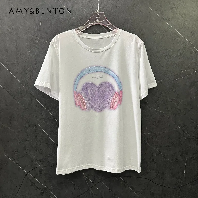 2026 Summer Diamond Drills Headphone Heart Graphic Short Sleeves T Shirt Female Loose Casual Streetwear All Match Youthful Tees