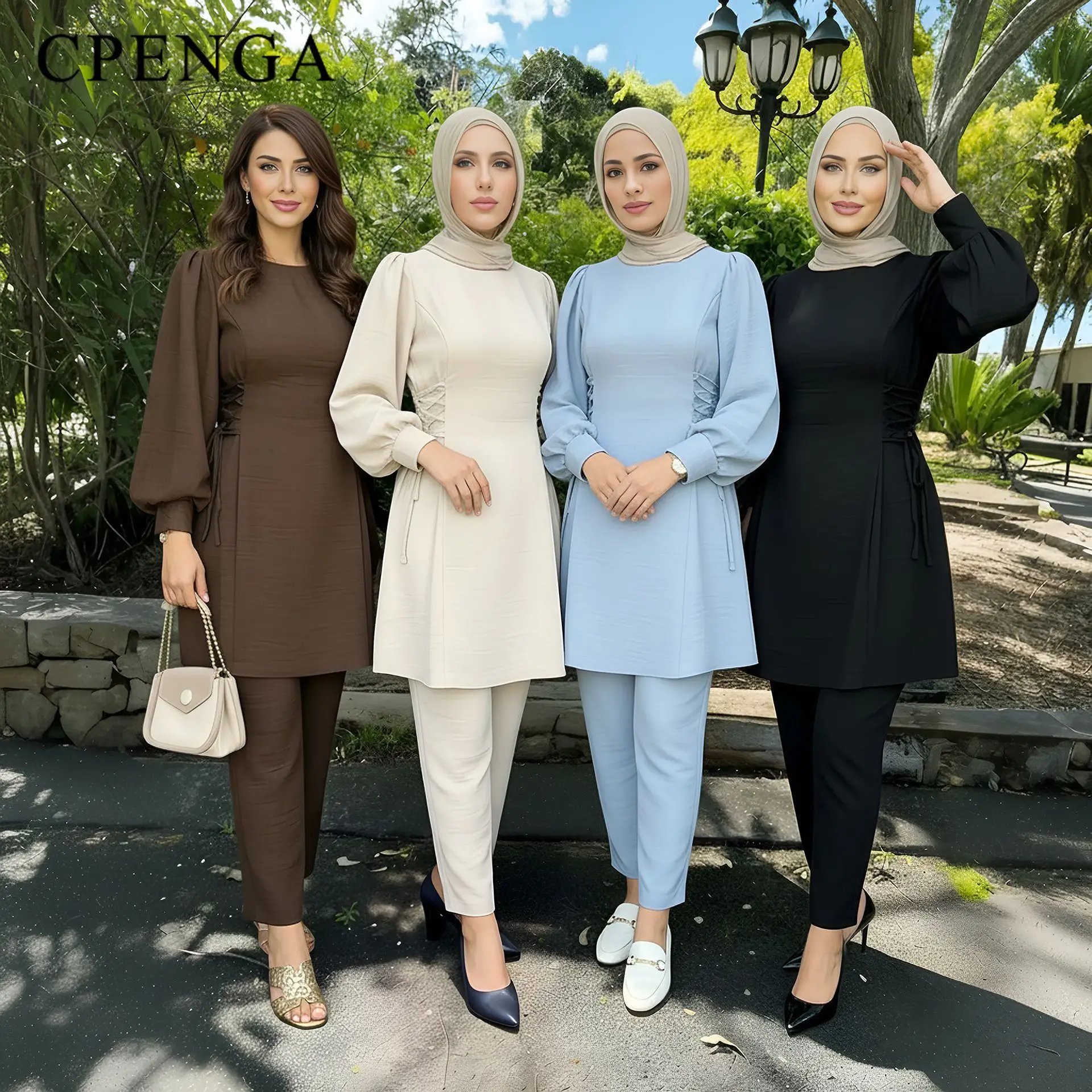 

Ramadan Two-piece Muslim Clothing Set for Women Elegant Dubai Modest Abaya Eid Islam Top and Pant Suit Arabic Vacation Outfit