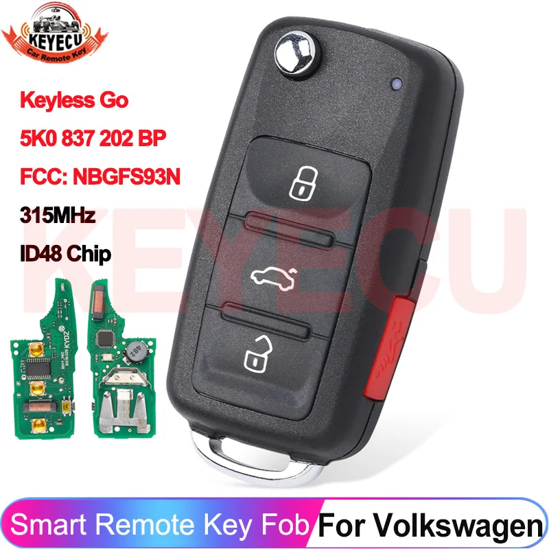 KEYECU Keyless Proximity 5K0837202BP For Volkswagen VW Jetta Passat 2015 2016 2017 2018 2019 Remote Key NBGFS93N 315MHz MQB48