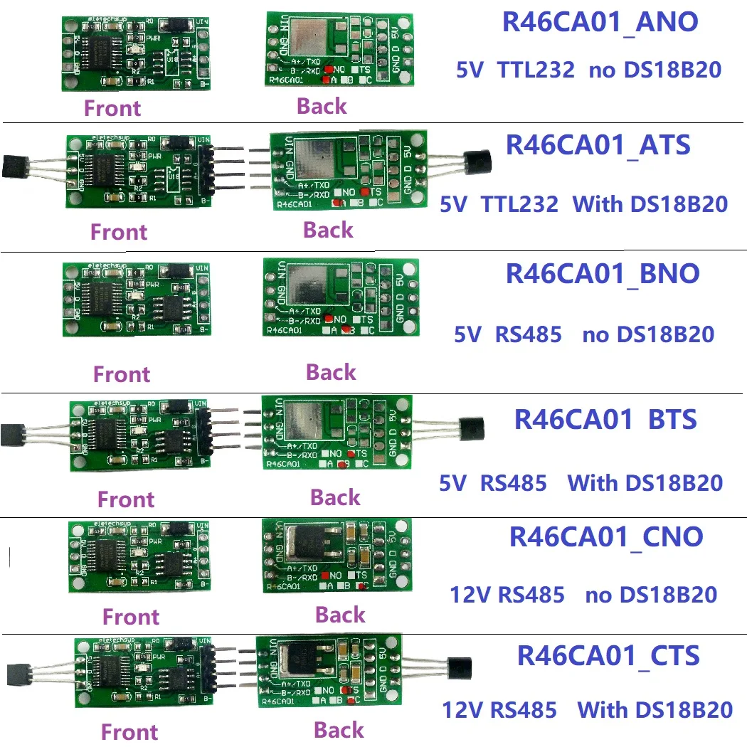 

5x R46CA01 Modbus Temperature Acquisition Sensor DS18B20 RS485 Serial Protocol Board 3.7V 5V 6V 9V 12V 24V Modbus