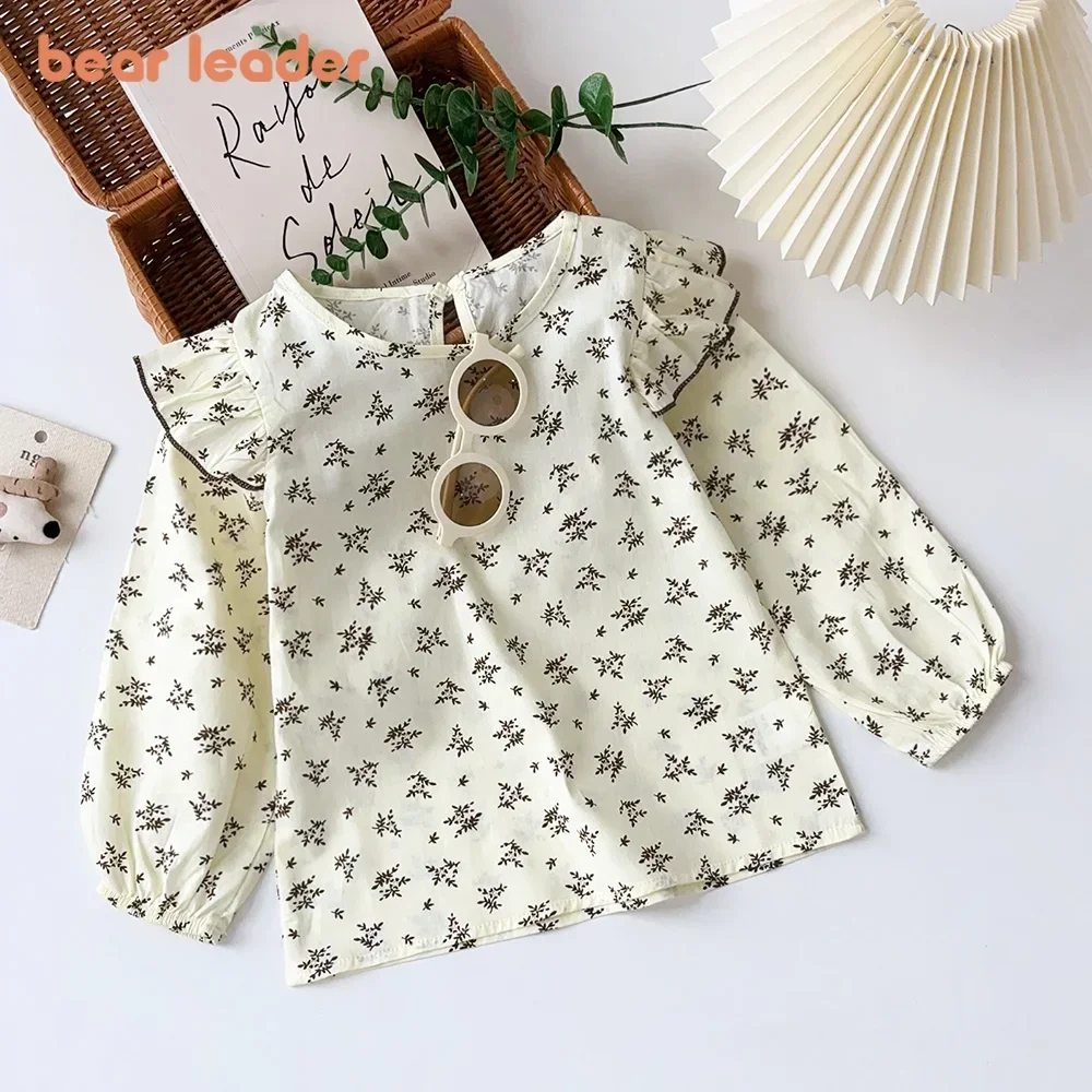 Bear Leader 3-6 Jahre Kinderkleidung Mädchen Herbst Langarm T-Shirt Blumendruck Fliegende Ärmel Top Lässige Kinderkleidung