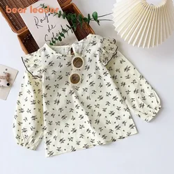 Bear Leader 3-6 Years Kids Clothes Girls Autumn Long Sleeved T-shirt Floral Print Flying Sleeve Top Casual Children's Clothing