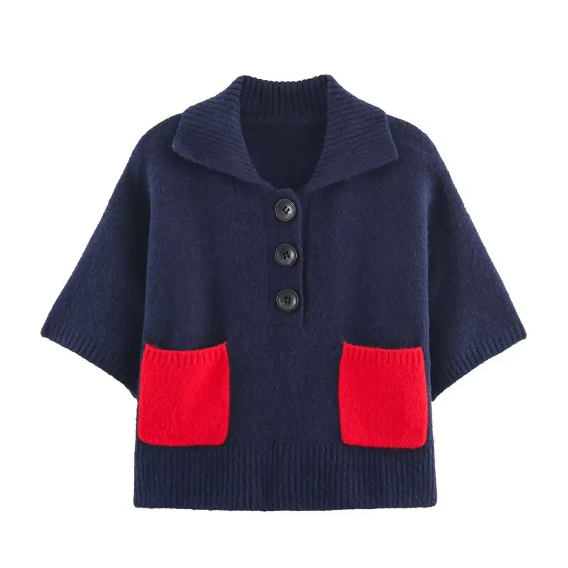 

Темно-синий винтажный вязаный свитер с короткими рукавами, футболка с отложным воротником, женские топы, женские уличные футболки с карманами, подходящие по цвету