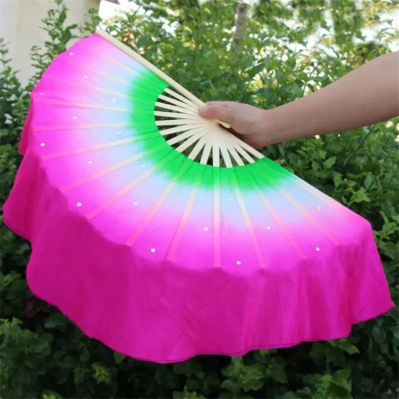 

2pcs Chinese Short Bellydance Fan 30cm Bamboo+10cm Half Circle Silk Veil Pairs Yangko Dance Bamboo Fans Hand Dye Adults Hot Sell