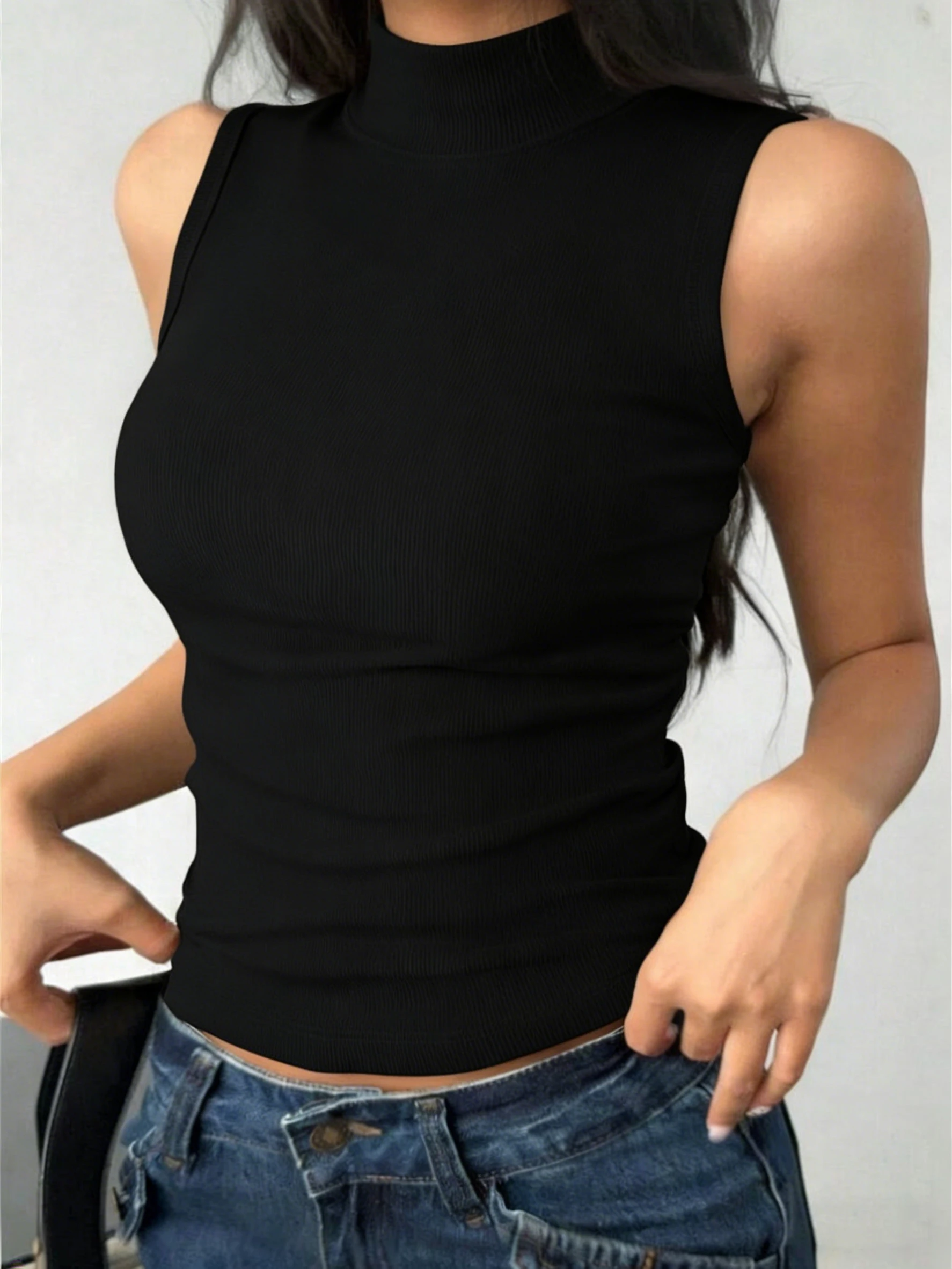 Sommer Damen Ärmelloses Geripptes Tanktop mit Stehkragen, Dehnbares Weiches Gepolstertes Yoga-Oberteil für Workout, Fitness, Laufen, Komfortables Sommer-Outfit – Detail 5
