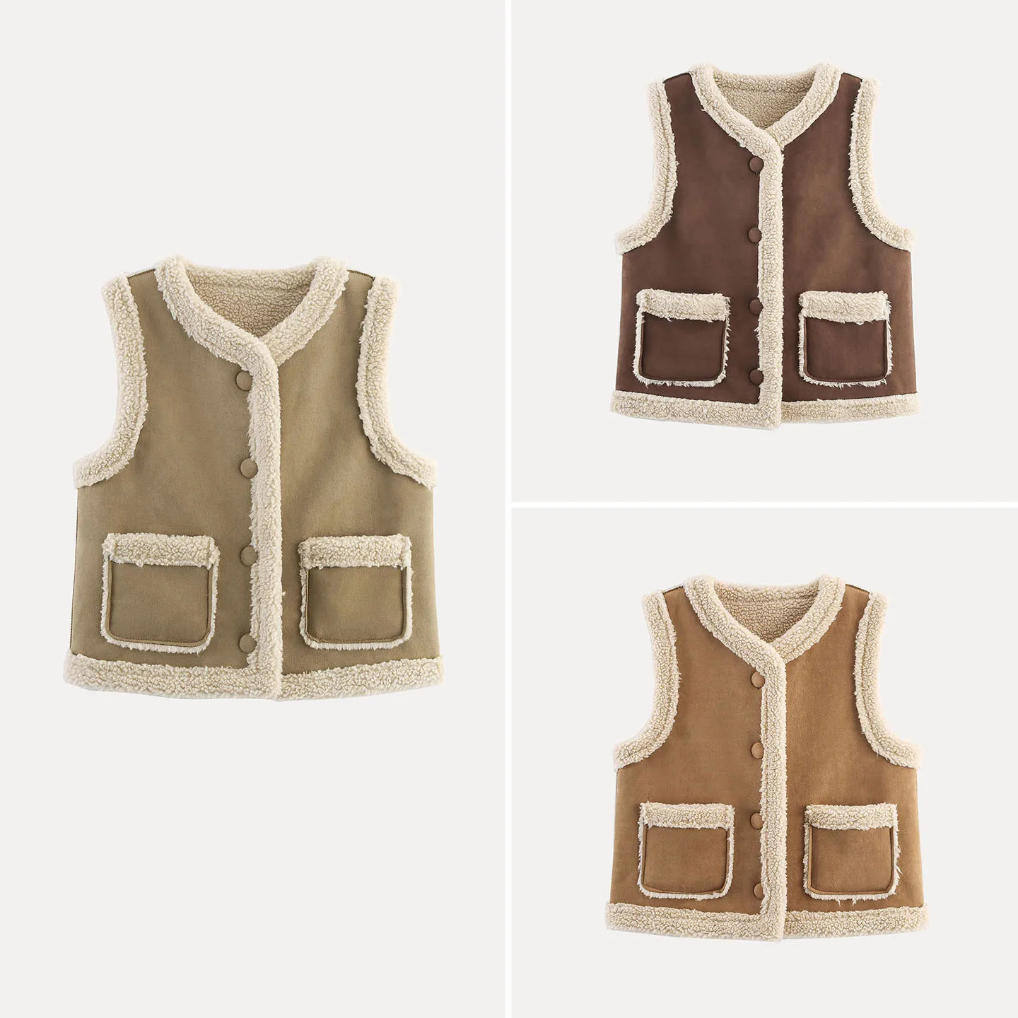 

2025 Autumn New Women's Suede Faux Fur Inteated Button Cardigan Vest kets Faion Commute Sle V-ne Color