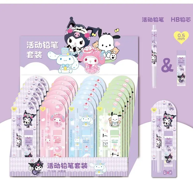 24pcs Sanrio Automatic Pencil Kawaii Kuromi Cinnamoroll Cartoon Student Box 0.5mm Pencil Set Cute Children's Writing Pen Gifts