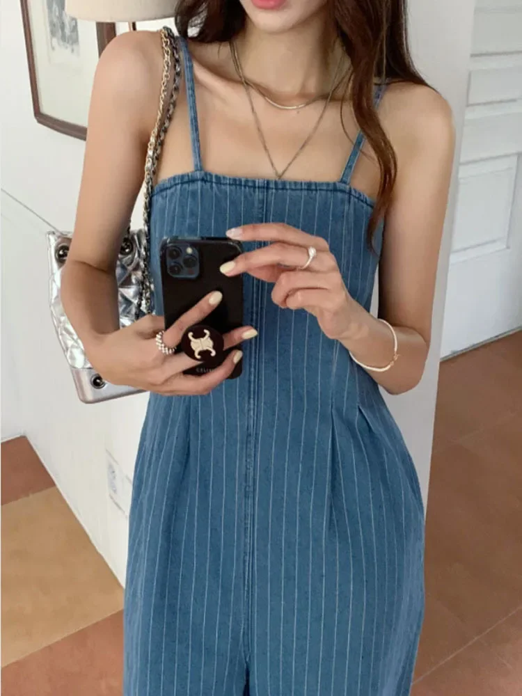 

Vintage Striped Baggy Denim Slip Jumpsuit For Women Casual Loose Wide Leg Rompers With Pocket Pants Summer Overalls Playsuit New