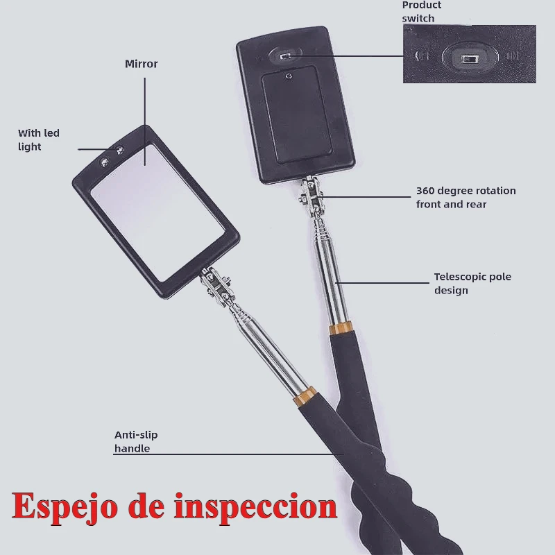 

360 para coche Espejo Flexible con luz LED telescópica giratoria herramienta de reparación inspeccion coche cuadrada vista Extra