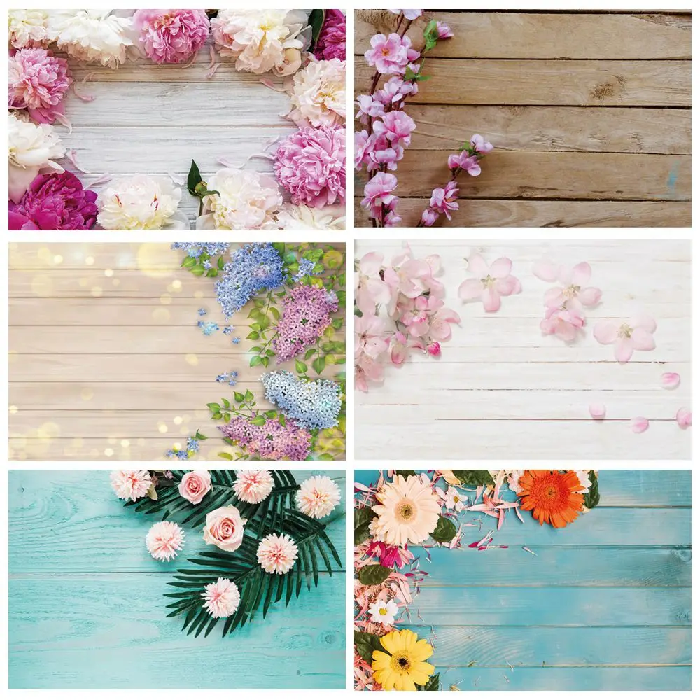 

Floral Flowers Backdrops Photography Products Decoration Pink Blossom Wood Boards Planks Custom Photo Backgrounds Studio Props