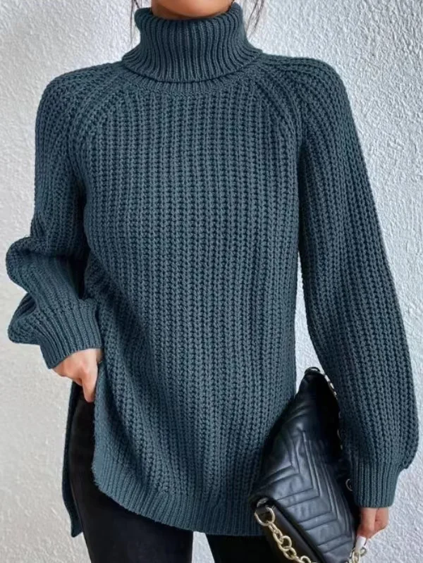 

Women's Clothing Autumn and Winter new knitted sweater mid-length high lapel split sweater dress Woman clothes Casual sweater