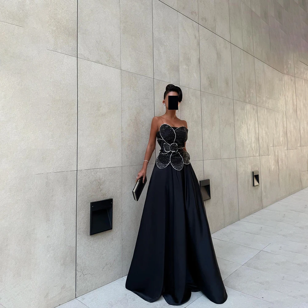 

Black Strapless Evening Dress Sequined Backless A-line Party Gown Sleeveless Floor Length Prom Dress Customized robes de soirée