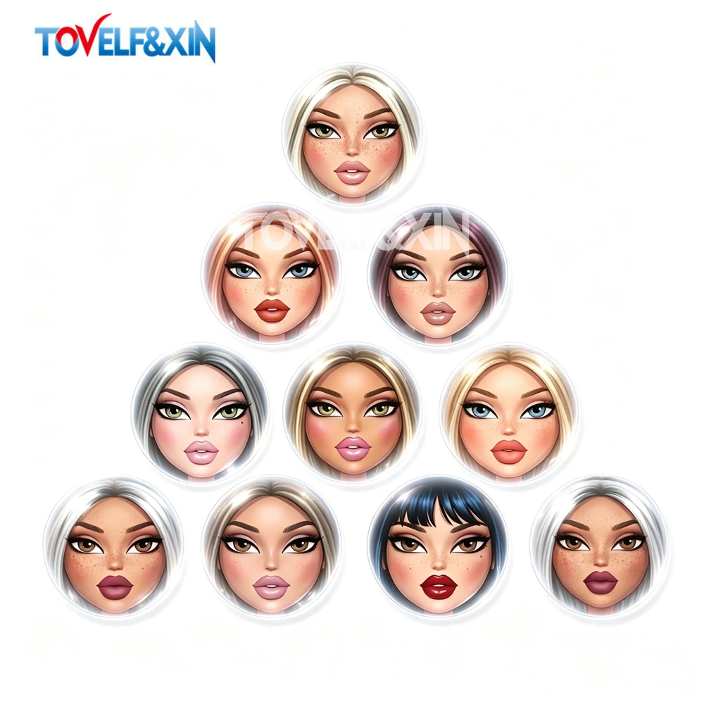 10Pcs/Set Y2K Fashion Doll Face Glass Cabochons Flatback Clear Round Cameo Graphic Charms for DIY Keychain Magnet Crafts