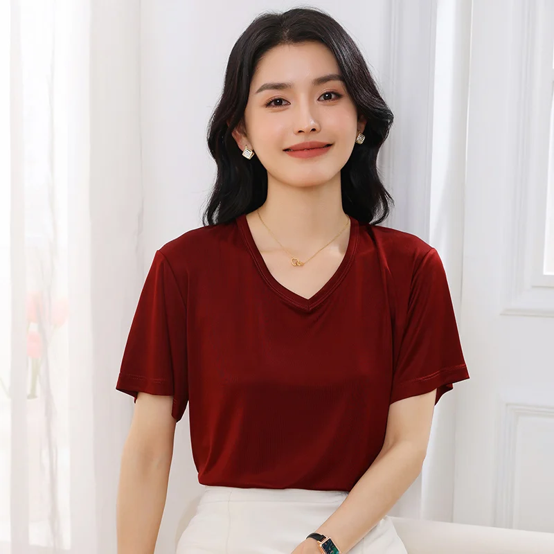 Summer New Product: Women'S V-Neck Short-Sleeve Triacetate T-Shirt Loose Fit Solid Color Casual Versatile Breathable Top