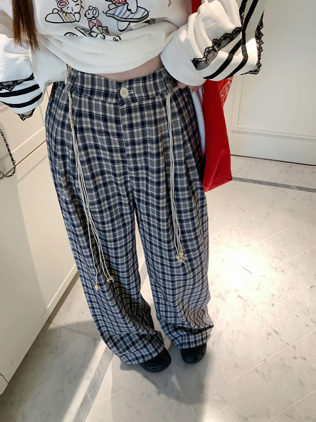 

Повседневные брюки в клетку Anneop для женщин, свободные широкие брюки с высокой талией, длинные брюки в корейском стиле, прямые брюки