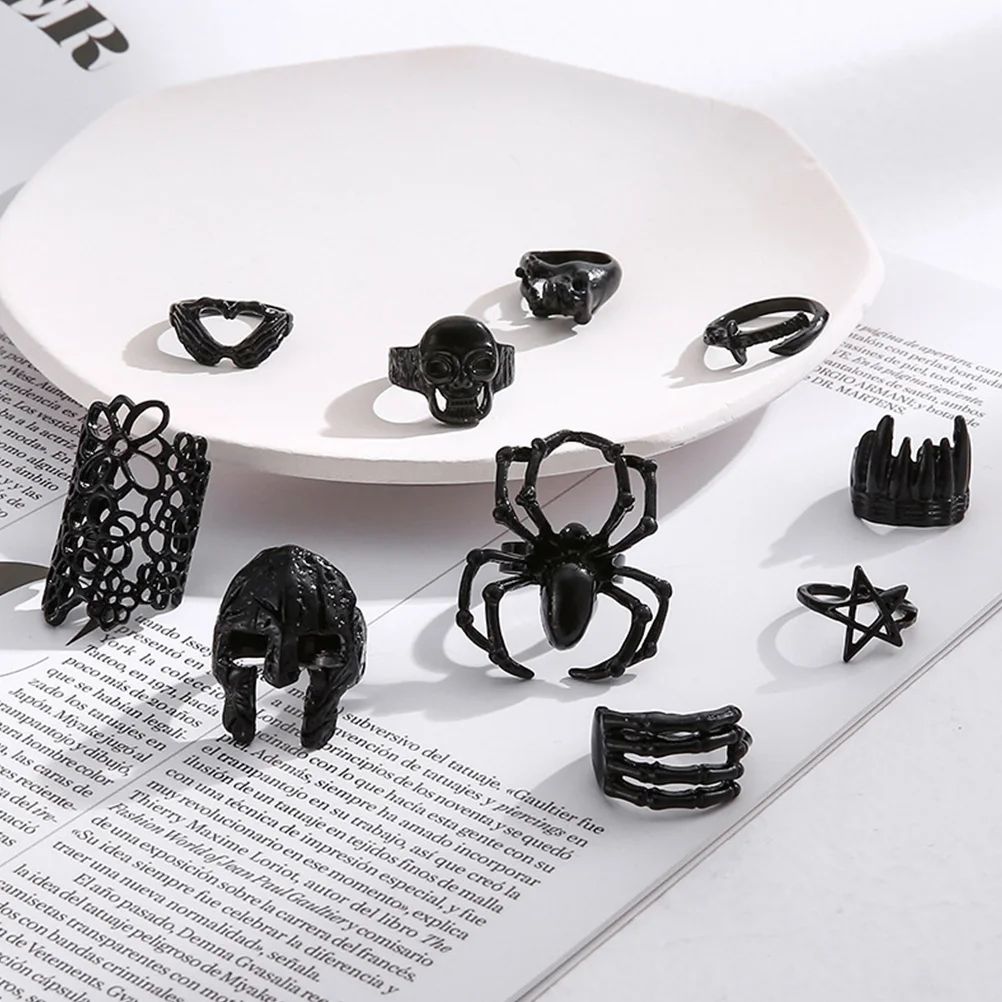 

10 Pcs Skull Rings Halloween Costume Party Accessories Black Alloy Spider Adornment Gift Teen Girls Child Friendly Safe Durable