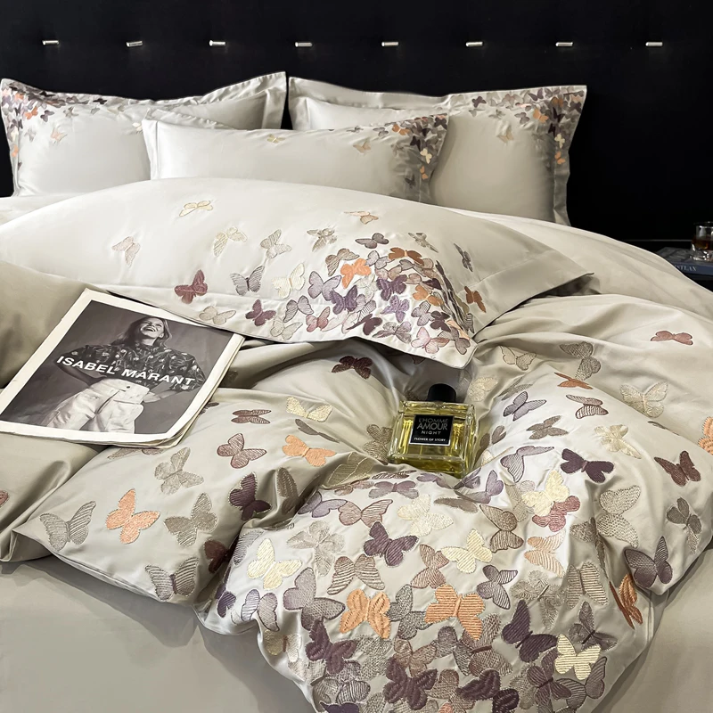 100% Cotton Luxury Butterfly Embroidery Bedding Set Queen King Size Duvet Cover Set Bed Sheet Fitted Sheet Pillowcases 4Pcs