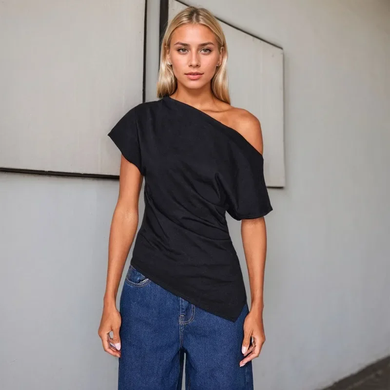 

2025 Women's Chic Off-shoulder T-shirt Spring Summer New Loose Shoulder Slim Fit Short Sleeve Top