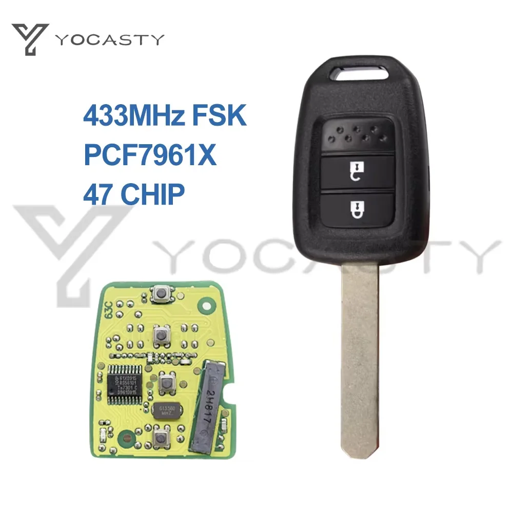 Yocasty chave remota de carro com 2 botões, 433mhz, para honda city BR-V honda crider honda civic 2013 2014 2015 2016 com pcf7961x 47 chip