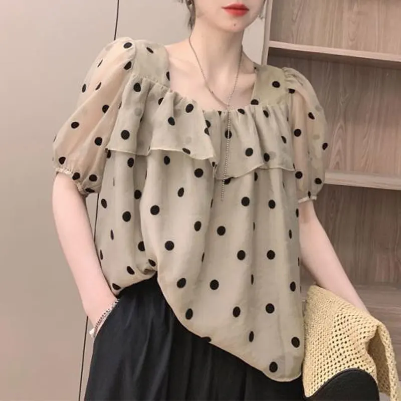 Summer Sweet Polka Dot Printed Shirt Women\'s Elegant Square Collar Ruffles Spliced Loose Casual Puff Sleeve Drawstring Blouse