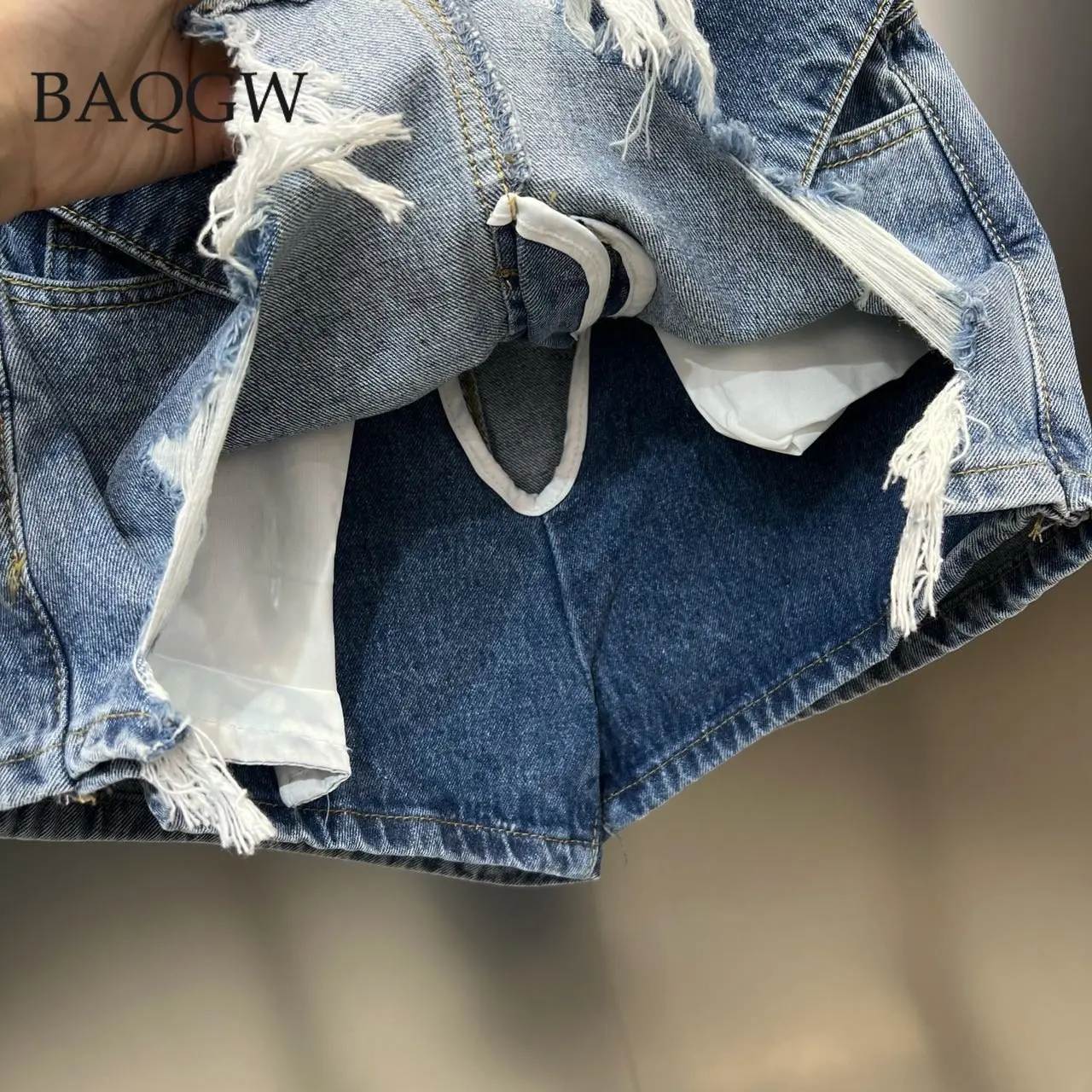 Personality Tassel Hole Design Denim Shorts Skirts Female High Waist Loose Wide Leg Short Jeans with Belt Fashion Summer