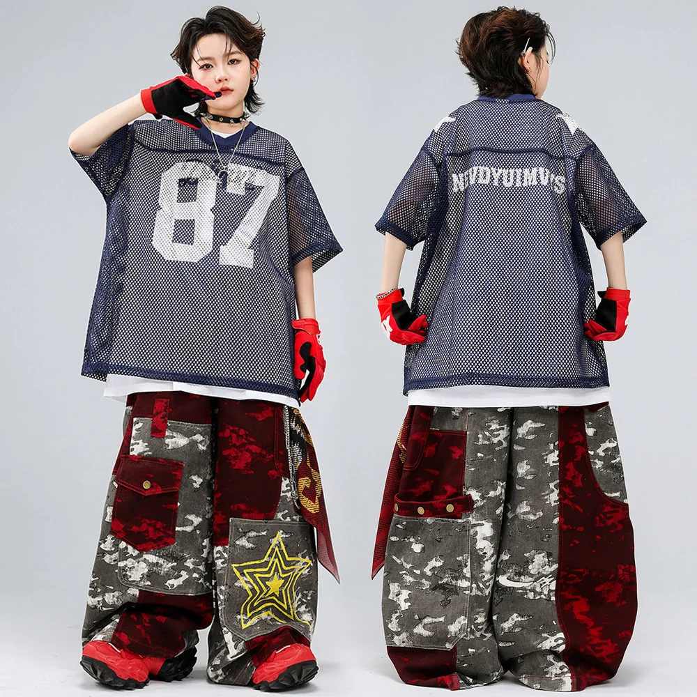 

Детский комплект: футболка с коротким рукавом и джинсы с широкими штанинами в стиле джаз-хип-хоп для мальчиков и девочек