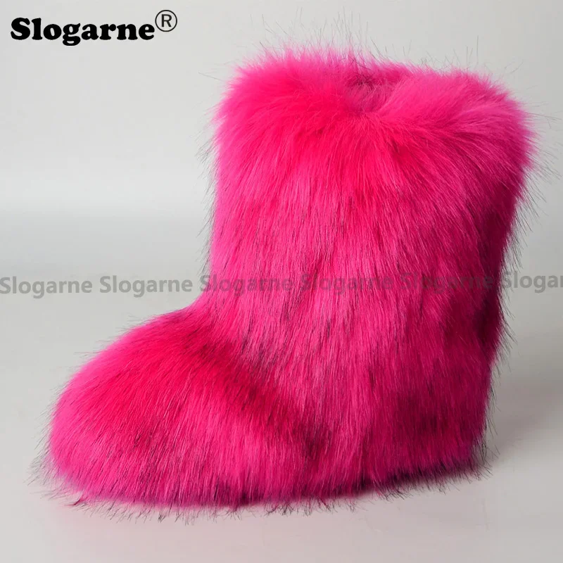 2024 Women\'s Winter Faux Fox Fur Boots Woman Plush Warm Snow Boots Luxury Footwear Girls\' Furry Fur Bottes Fashion Fluffy Shoes