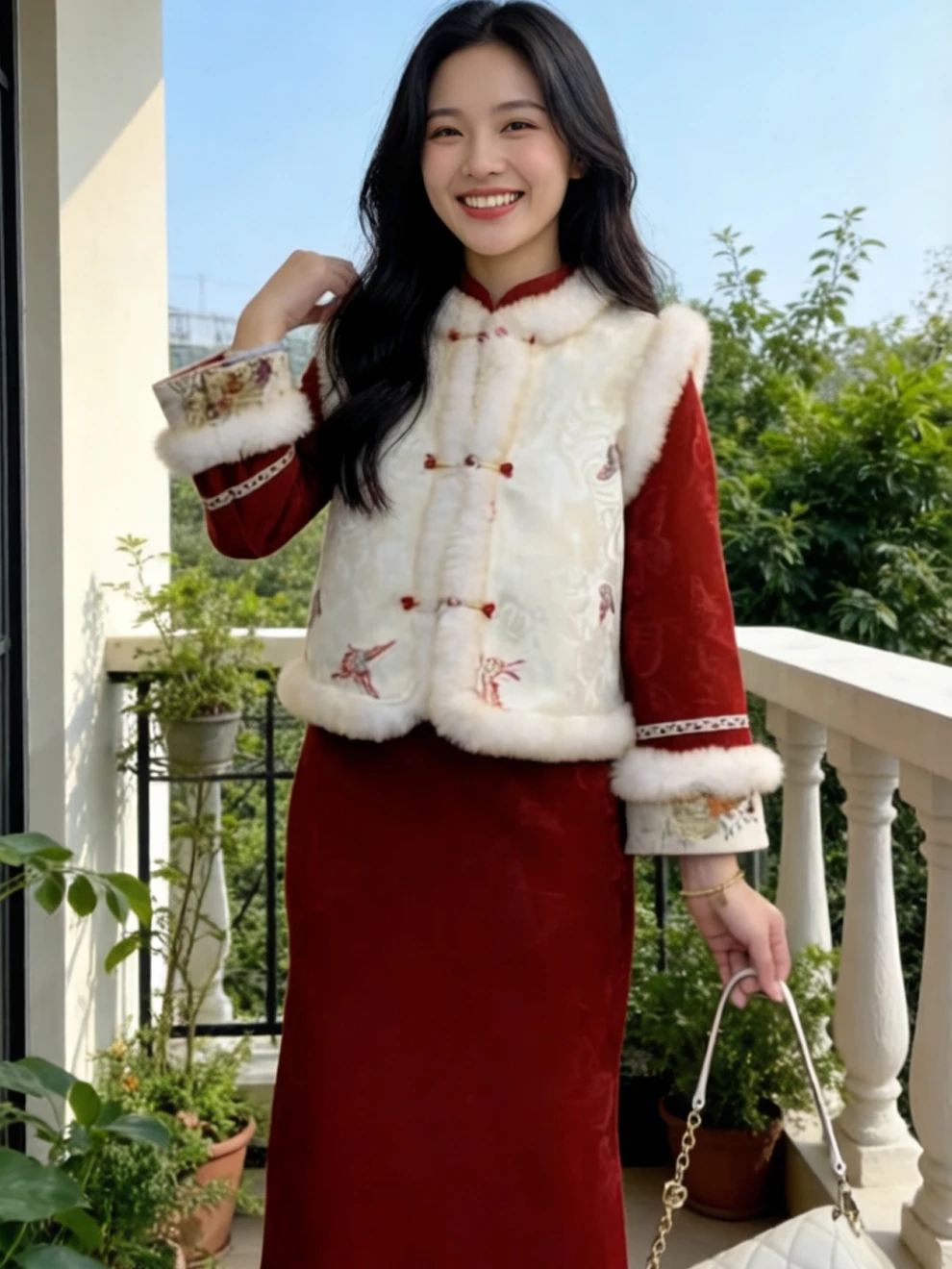 

Красное утепленное зимнее ципао для Нового года, повседневное двустороннее теплое пальто средней длины с длинными рукавами для женщин