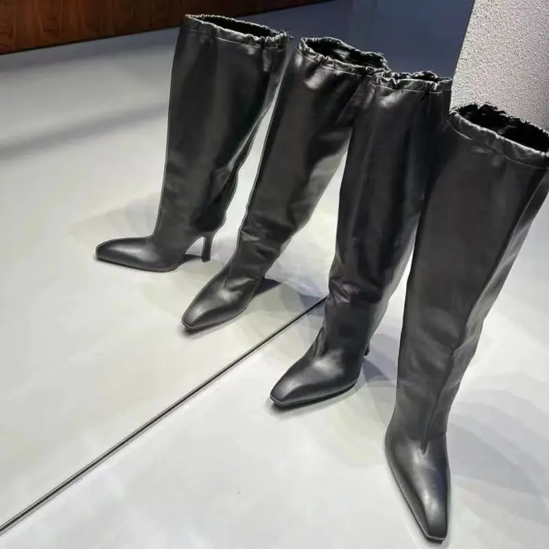 Square Toe Stacking Knee High Boots Elastic Band High Heels Black Brand Design Women's Fashion Shoes Knight Boots Party Shoes