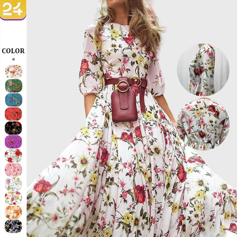 Autumn Womens Round Neck Belt Trouser Hem Bohemian Print Long Sleeve Loose Dress Fashionable Women's Camping Style Elegant Dress