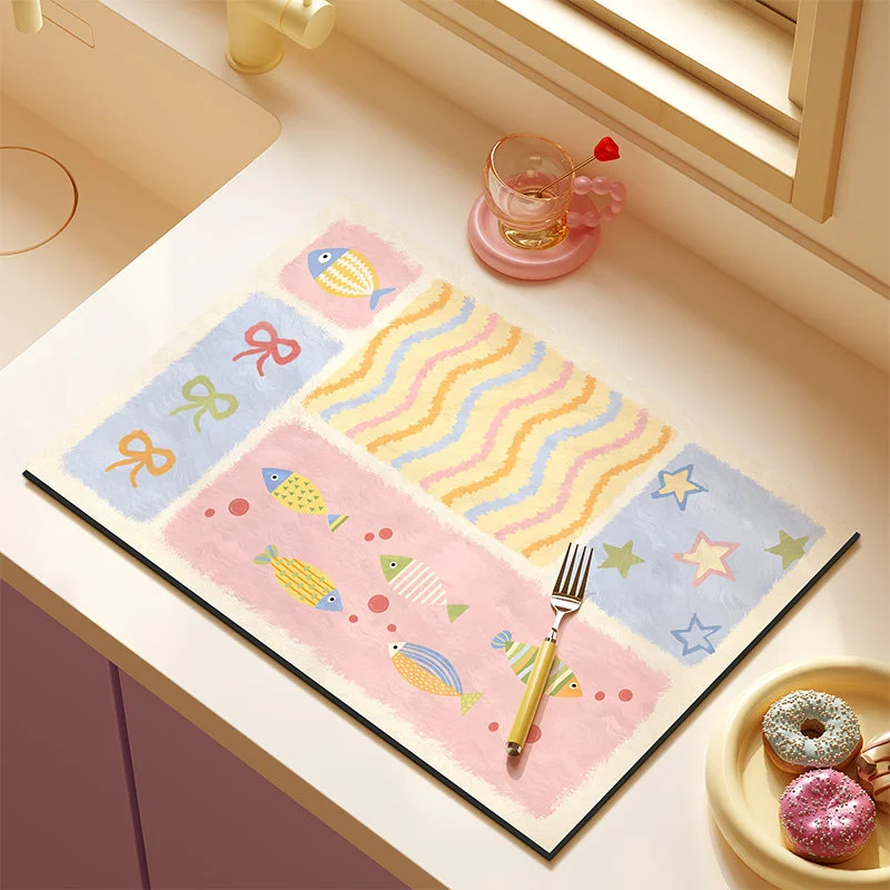 VIKAMA Cute Fish Bow Star Quick Dry Absorbent Non Slip Washable Kitchen Counter Drying Mat Kitchen Counter Mat