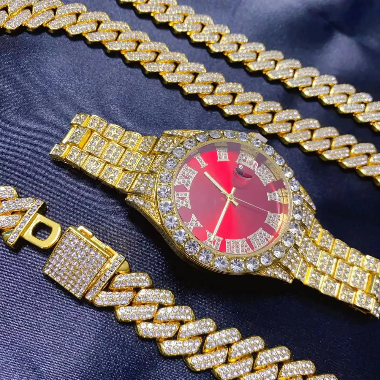 

3 шт., календарь в стиле хип-хоп, роскошные часы, ожерелье, браслет, комплект ювелирных изделий для мужчин, блестящие золотые, серебряные, с бриллиантами, мужская коробка, кубинские цепочки Iced Out