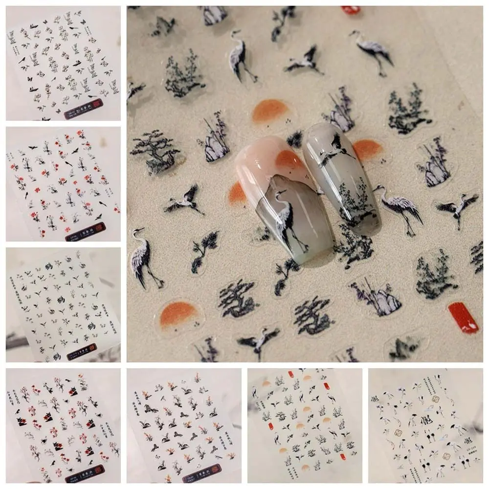 DIY Nail Charms Chinese Ink Nail Stickers Manicure Ornaments Chinese Character Crane Nail Decals Painting Sunset