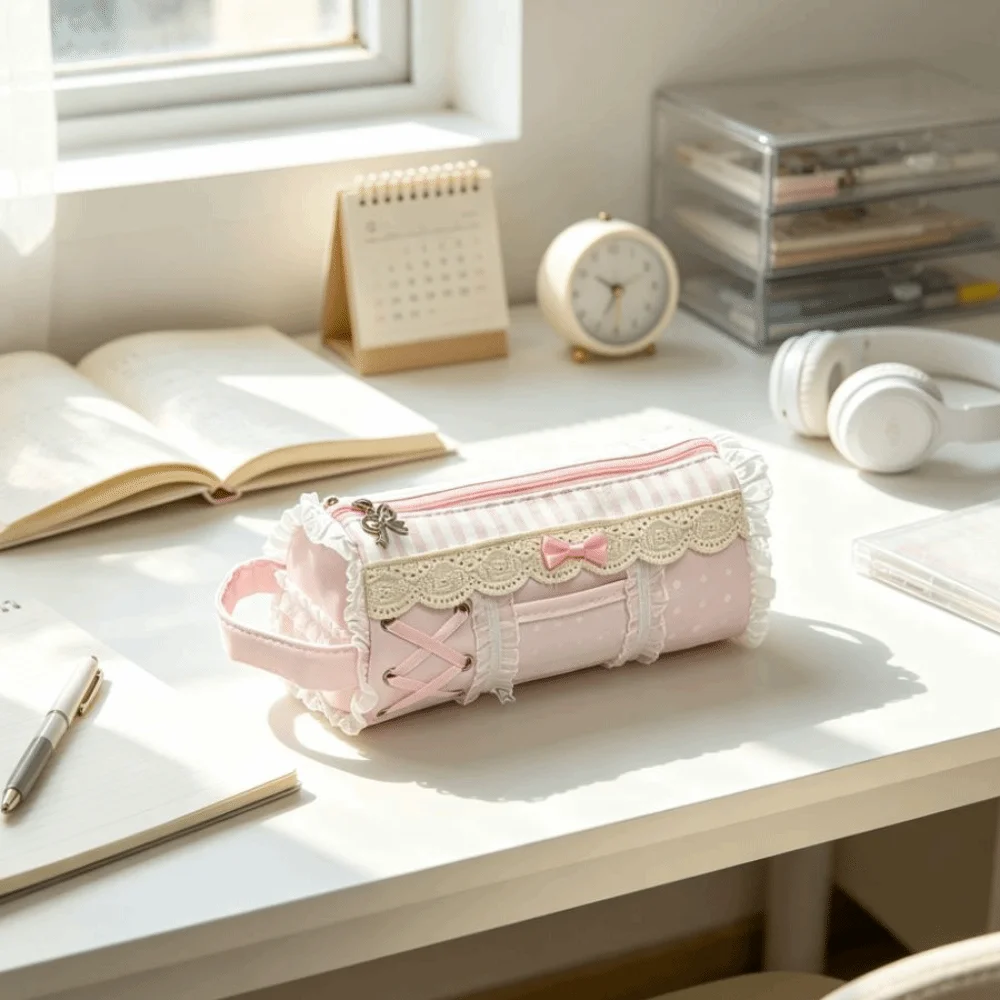 Desktop Storage Large Capacity Lace Pencil Case Ruffle Pink Pencil Pouch INS Style Cute Stationery Pen Bag Students