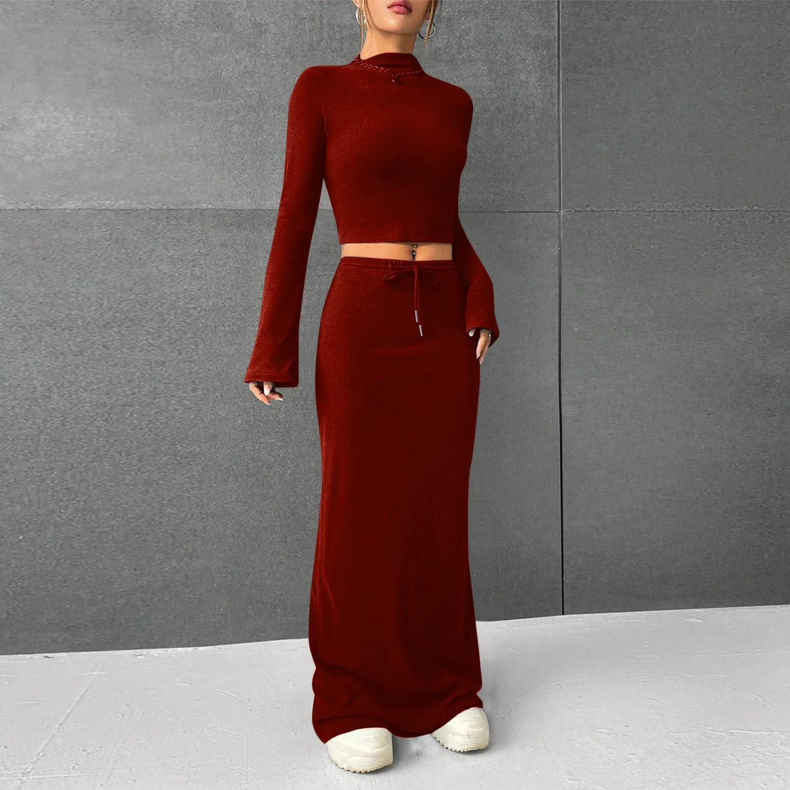 

2025 Women Y2K 2 Piece Set Solid High Turtle Neckline Full Sleeve Slim Top High Waist Skinny Long Skirt Sets Fall Sexy Suit