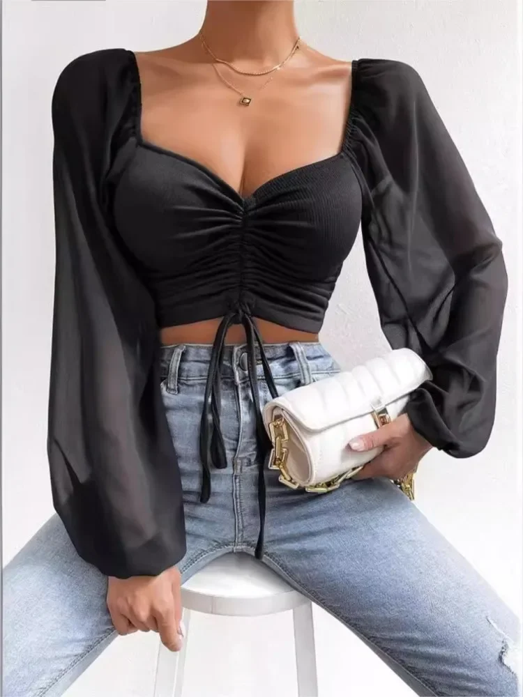 

CPSYMYM Spring Summer New Sexy V-neck Chiffon Drawstring Lantern Sleeve Tight Fashion Sexy Short Style Waist Long Sleeve Shirt