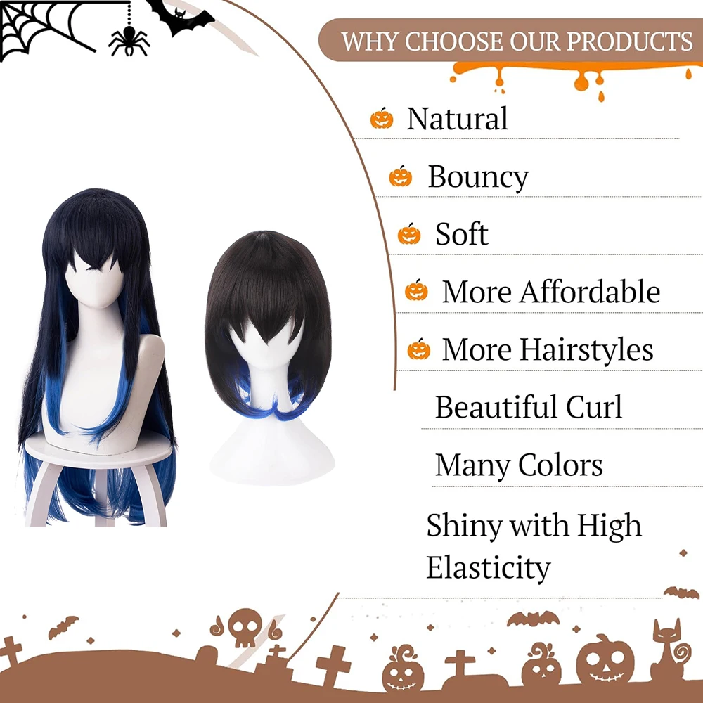 أنيمي شيطان سلاي هاشيبيرا إينوسوكي شعر مستعار صناعي متدرج باللونين الأسود والأزرق، شعر مستقيم لحفلات الهالوين اليومية #5