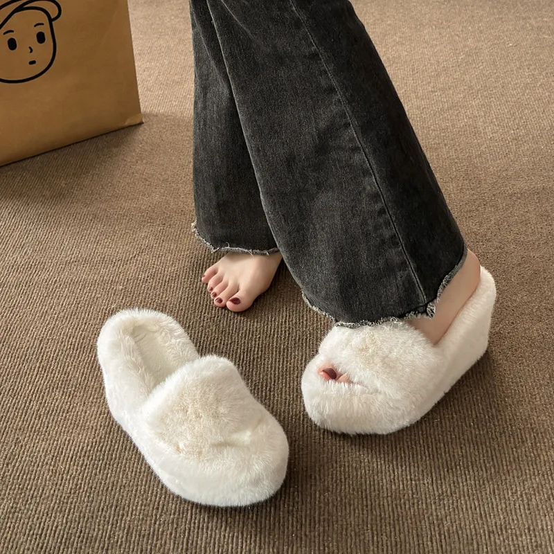 2024 Luxury New Women Feminine High-heeled Fur Drag Outdoor All-match Shoes Slippers Round Head Wedges with Mink Fur Slippers