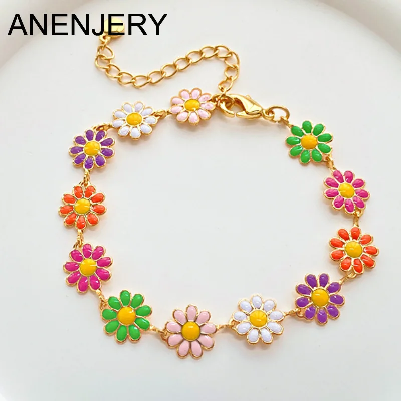 Anenjery bunte Gänseblümchen Design Armband für Frauen Blumen anhänger Gold Farb kette Party Schmuck Mädchen Geburtstags geschenke