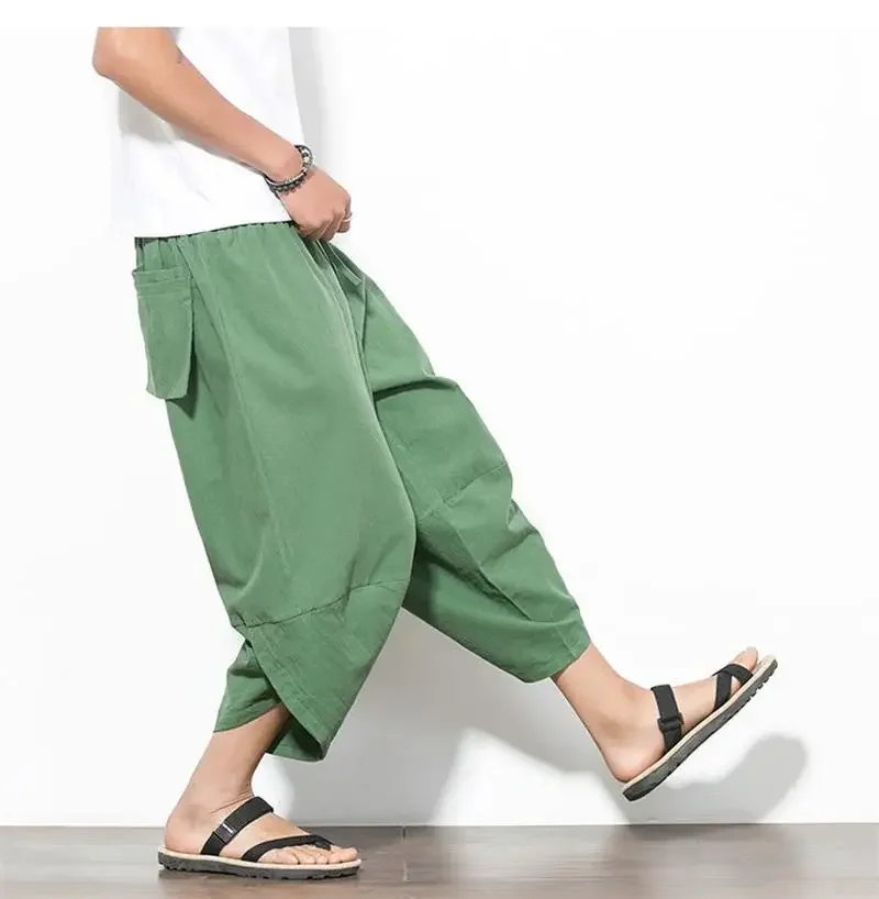 Summer Mens Harem Pants Linen Cotton Loose Casual Pants Flax Solid Trousers Autumn Cross Linen Calf Length Pants For Men M-4XL