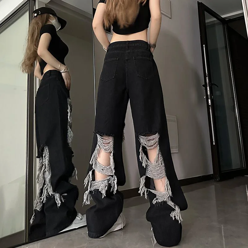 Black Ripped Jeans Women Fashion Dark Academic Harajuku Y2K Irregular Pants American Loose Chic Gothic Bf Casual Demin Trousers