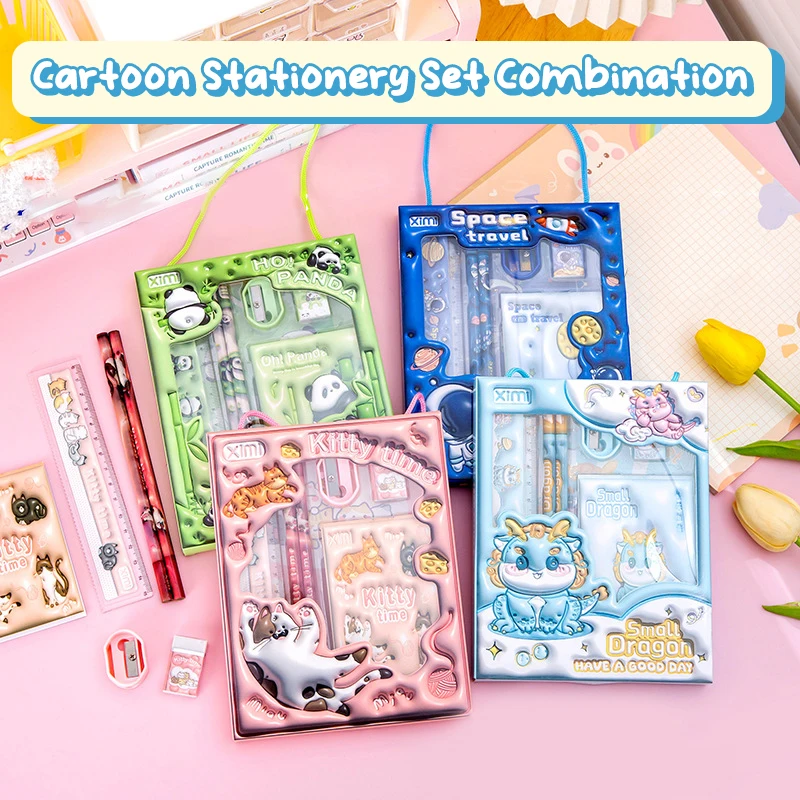 

Cartoon Handheld Stationary Set Panda Pencil Dragon Eraser Astronaut Ruler Pencil Sharpener Cat Notebook W/Packaging Package