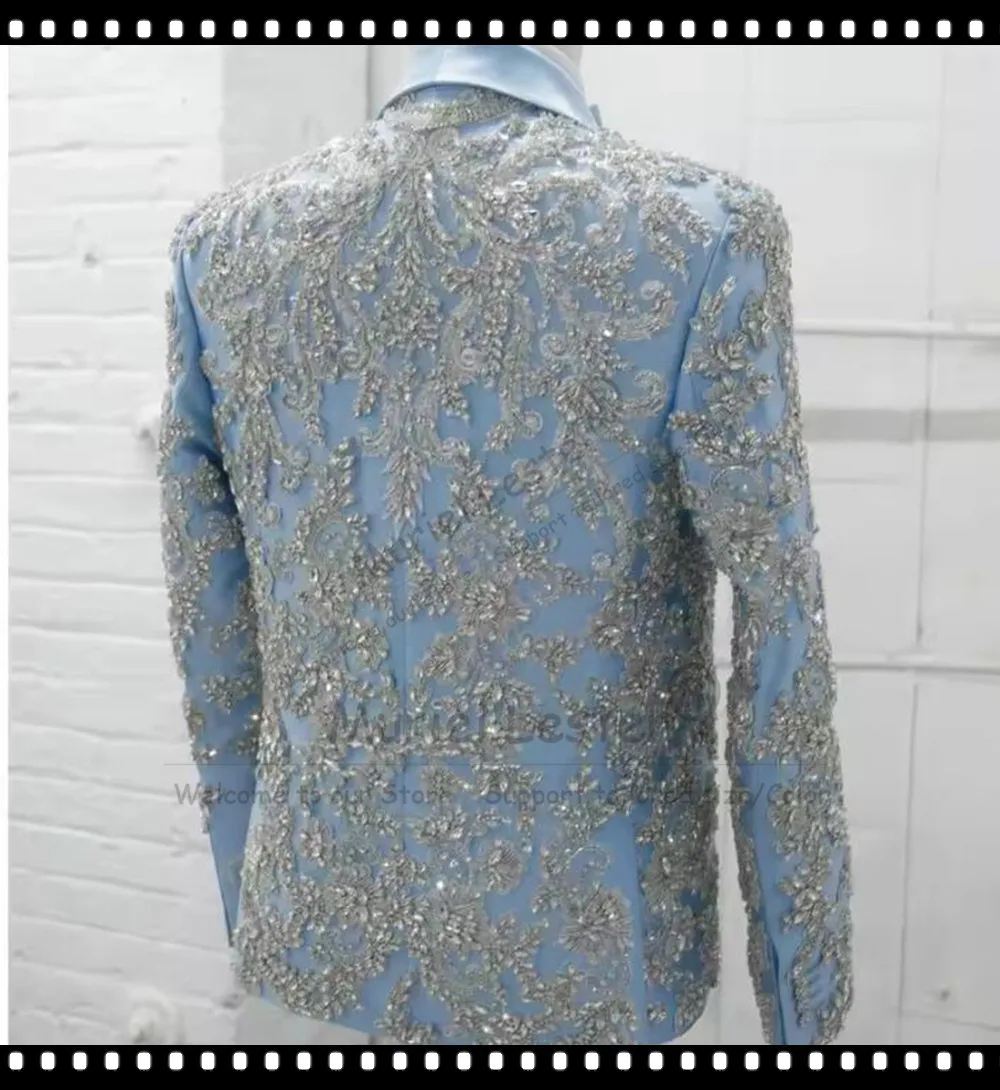 Handmade Men's Suit For Wedding Heavy Beaded Stones Applique Jacket Pants 2 Piece Sets Groom Tuxedo Male Fashion Attire Luxury