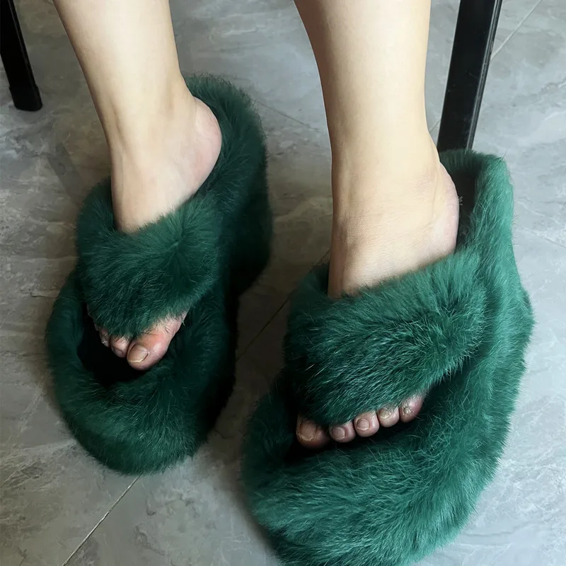 Green Rabbit Fur Women Slippers Platform Wedge Shoes Outside Slides Casual Flip Flops Summer 11CM High Heel Sandals Creepers