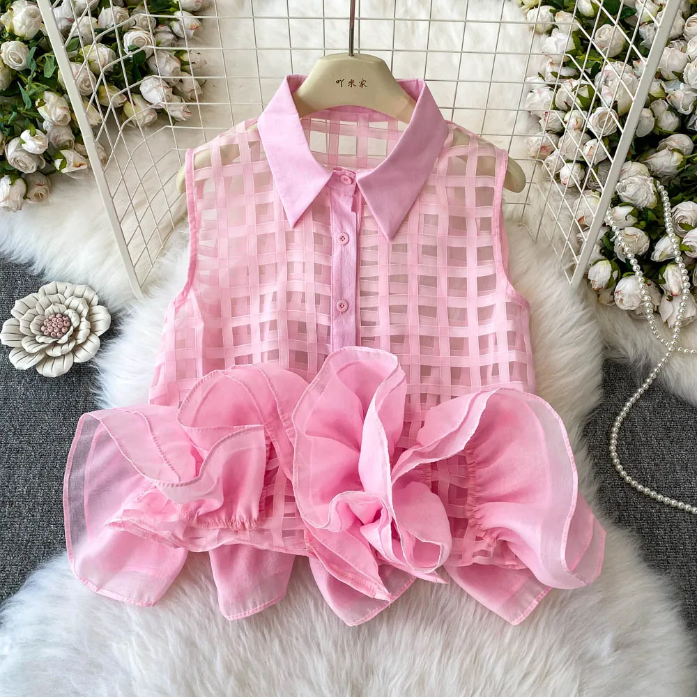 

Шикарные летние женские шифоновые рубашки без рукавов с рюшами и 3D цветами, клетчатые марлевые лоскутные блузки, однобортные топы на бретелях