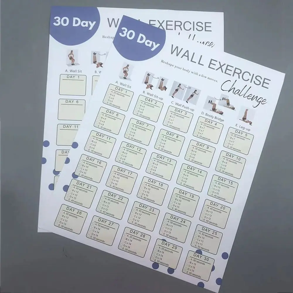 2Pcs New Paper Fitness Challenge Schedule 30days Keep Fit Fitness Clock Record Sheet Wall Exercise Challenge Schedule
