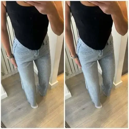 

Jeans Women Denim Wide Leg Pants Diamonds High Waist Washed Distressed Pockets Full Length Streetwear 2025 Straight Trousers